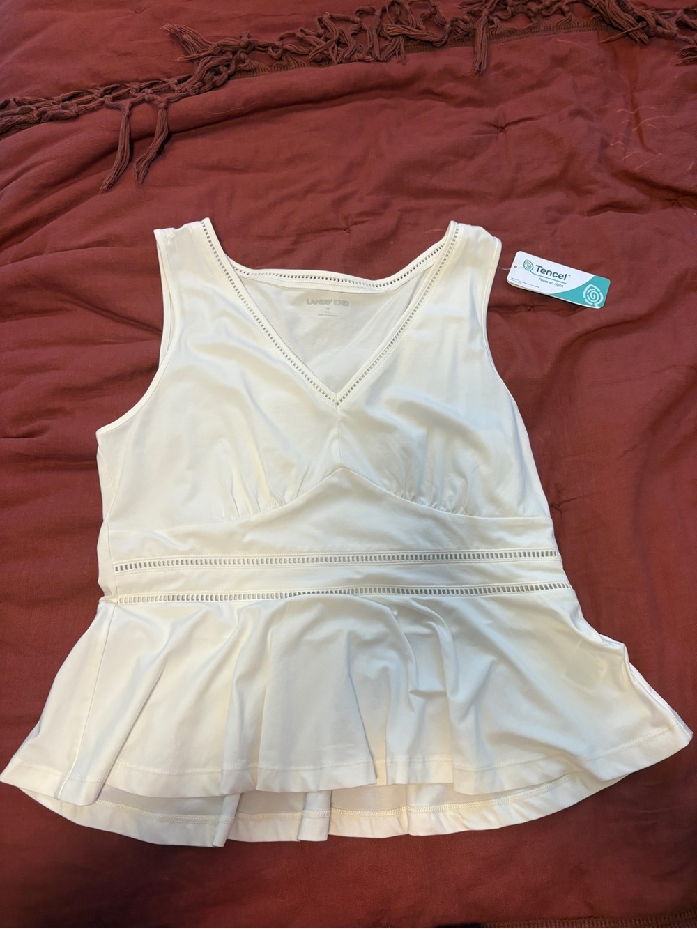 Lands' End White Eyelet Trim V-Neck Tank